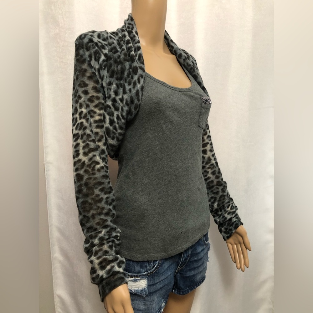 Grey leopard print long sleeve bolero.